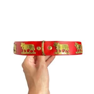 Handmade Alphen Schatz Red Leather Gold Plated Cows Adjustable Dog Collar NWOT